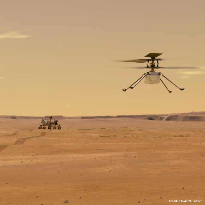 An illustration of Ingenuity flying on Mars with the Perseverance rover in the background