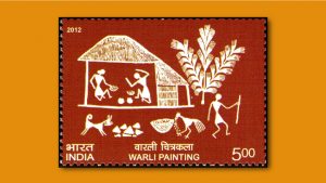 An Indian postage stamp depicting Warli artwork